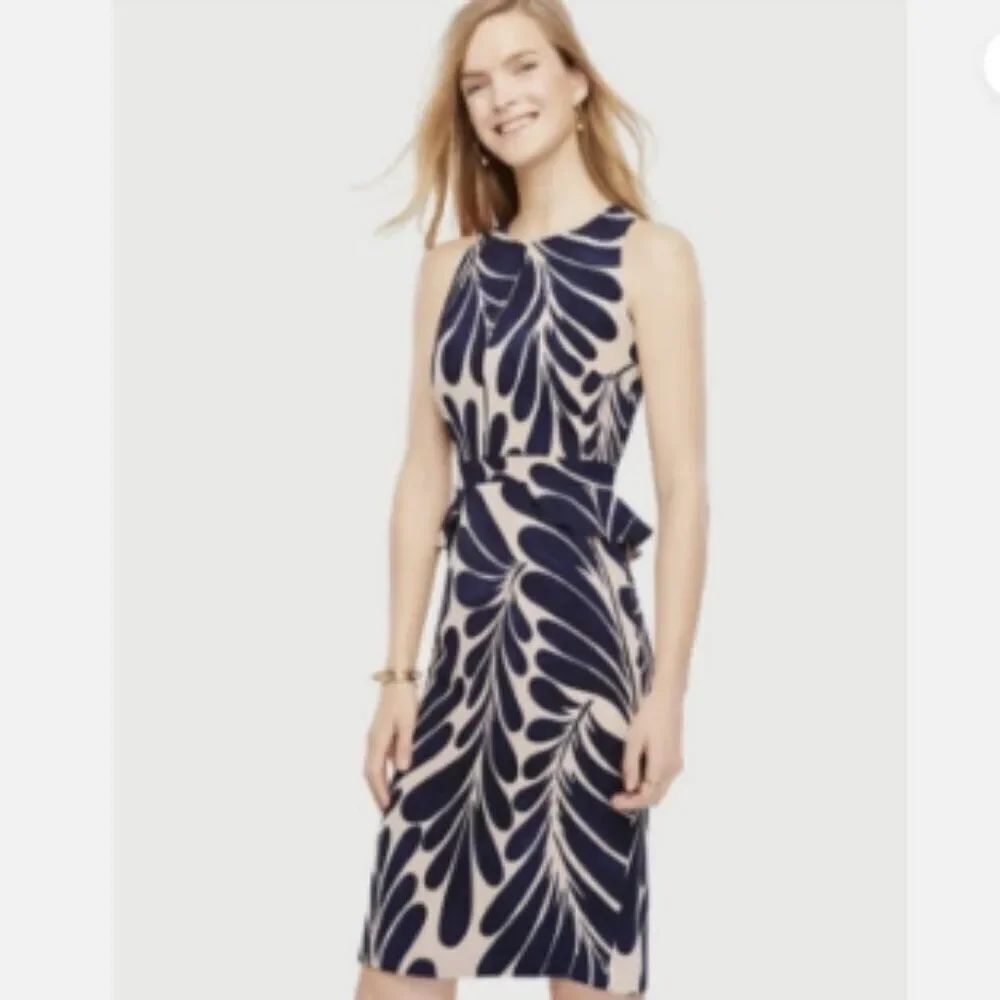 NWT Ann Taylor Leaf Floral Ruffle Peplum Sheath Dress Navy/Cream in Size 12